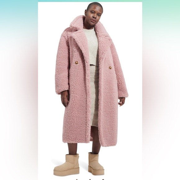 Long UGG Gertrude Teddy Sherpa Fleece Jacket Coat Clay Pink - Picture 4 of 7